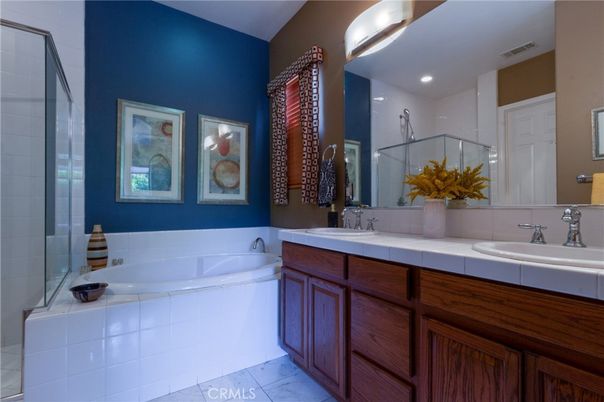 Bathroom, Dual Sink Vanities, Interior, Recessed Lighting, Tile Countertops