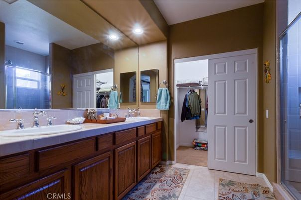 Bathroom, Dual Sink Vanities, Interior, Recessed Lighting, Tile Countertops
