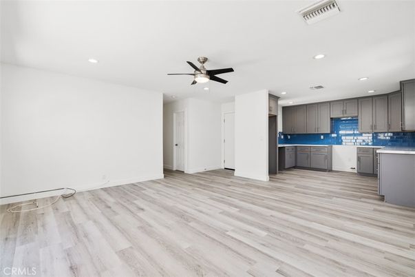 Empty room, Interior, Kitchen, Recessed Lighting, Wood Texture Flooring