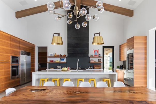 Interior, Kitchen, Pendant Lights, Recessed Lighting, Stainless Steel Appliances, Wooden Beams