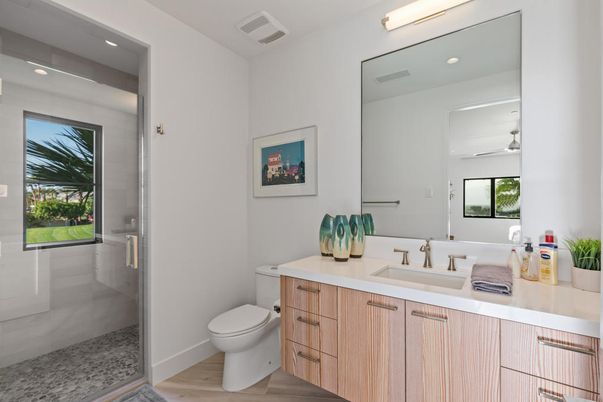 Bathroom, Interior, Recessed Lighting, Wood Texture Flooring