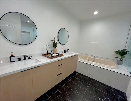 Bathroom, Dual Sink Vanities, Interior, Marble, Recessed Lighting