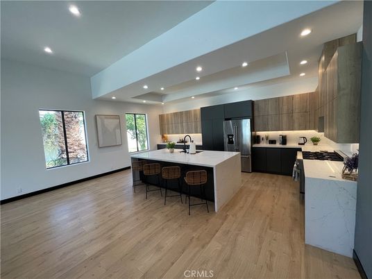 Interior, Kitchen, Recessed Lighting, Stainless Steel Appliances, Wood Texture Flooring