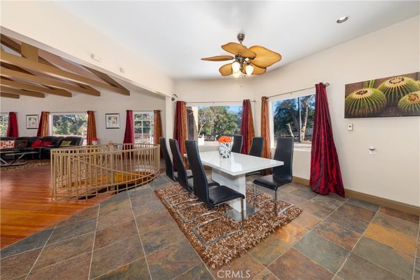 Dining room, Interior, Living room, Recessed Lighting, Wooden Beams, Wood Texture Flooring