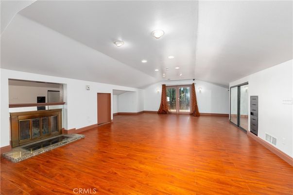 Empty room, Fireplace, Interior, Recessed Lighting, Wood Texture Flooring
