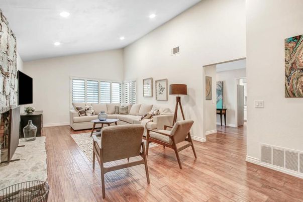 Fireplace, Interior, Living room, Recessed Lighting, Wood Texture Flooring
