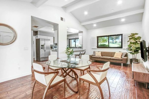 Dining room, Interior, Living room, Recessed Lighting, Stainless Steel Appliances, Wood Texture Flooring