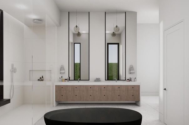 Bathroom, Dual Sink Vanities, Glass Shower, Interior, Pendant Lights