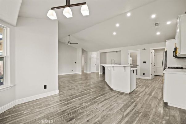 Empty room, Interior, Kitchen, Recessed Lighting, Wood Texture Flooring