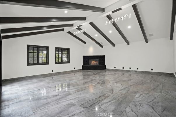 Empty room, Fireplace, Interior, Recessed Lighting, Wooden Beams, Wood Texture Flooring
