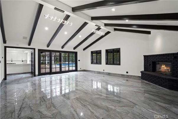 Empty room, Fireplace, Interior, Marble, Recessed Lighting, Wooden Beams