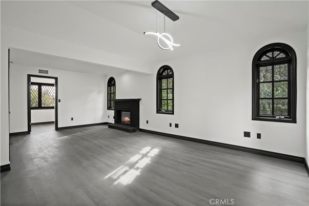 Empty room, Fireplace, Interior, Pendant Lights, Wood Texture Flooring
