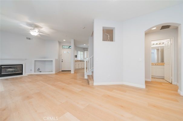 Empty room, Fireplace, Interior, Recessed Lighting, Wood Texture Flooring