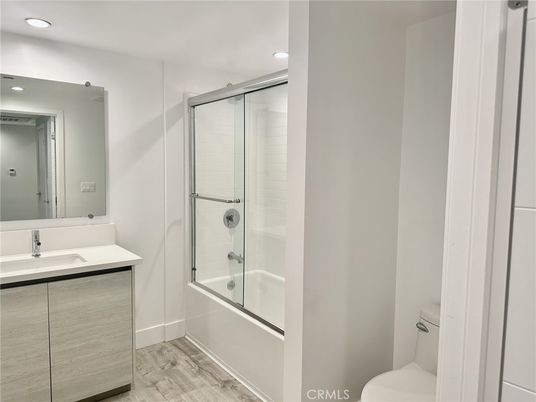 Bathroom, Glass Shower, Interior, Recessed Lighting, Wood Texture Flooring
