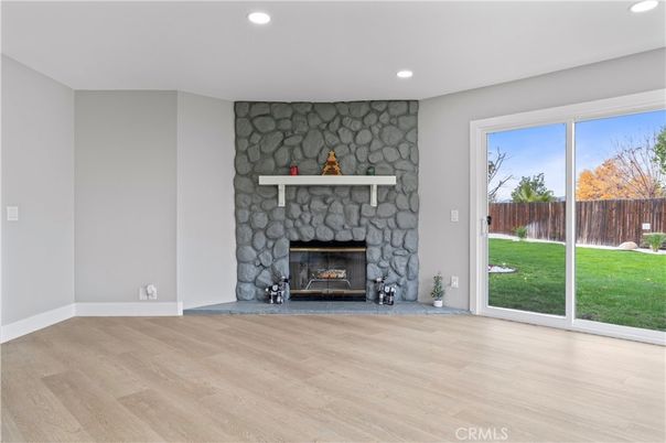 Empty room, Fireplace, Interior, Recessed Lighting, Wood Texture Flooring