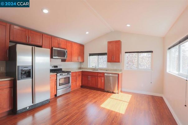 Interior, Kitchen, Recessed Lighting, Stainless Steel Appliances, Wood Texture Flooring