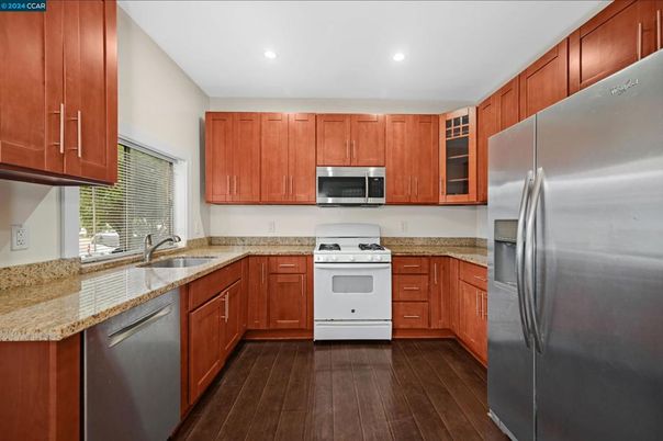 Interior, Kitchen, Recessed Lighting, Stainless Steel Appliances, Wood Texture Flooring