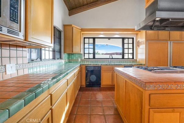 Interior, Kitchen, Tile Countertops, Wooden Beams