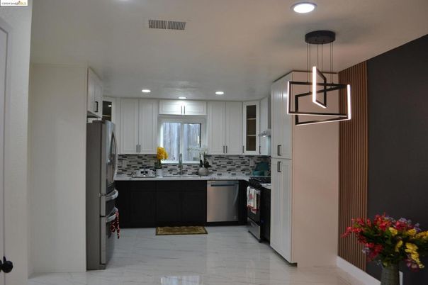 Interior, Kitchen, Marble, Pendant Lights, Recessed Lighting, Stainless Steel Appliances