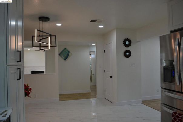 Interior, Kitchen, Marble, Pendant Lights, Recessed Lighting, Stainless Steel Appliances