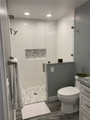 Bathroom, Glass Shower, Interior, Recessed Lighting, Wood Texture Flooring