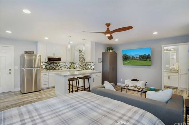 Bedroom, Interior, Kitchen, Pendant Lights, Recessed Lighting, Stainless Steel Appliances, Wood Texture Flooring