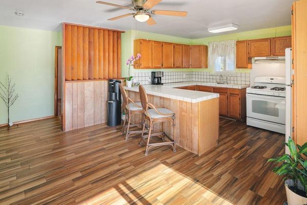 Interior, Kitchen, Tile Countertops, Wood Texture Flooring