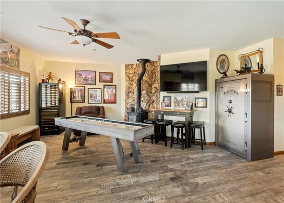 Billiard Table, Game Room, Interior, Stone Walls, Wood Texture Flooring