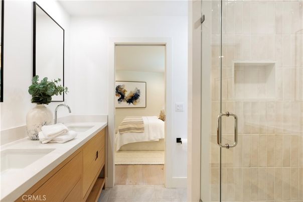 Bathroom, Dual Sink Vanities, Glass Shower, Interior, Wood Texture Flooring