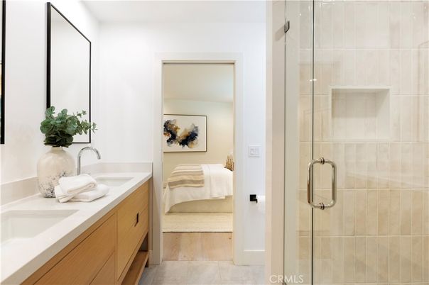 Bathroom, Dual Sink Vanities, Glass Shower, Interior, Wood Texture Flooring