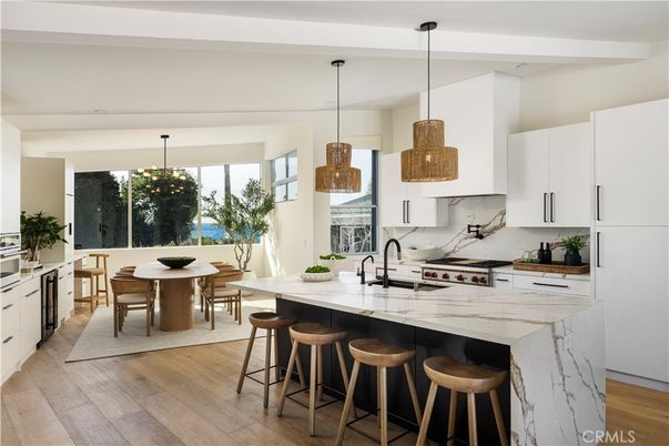 Dining room, Interior, Kitchen, Pendant Lights, Stainless Steel Appliances, Wood Texture Flooring