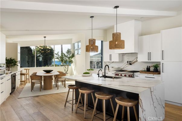 Dining room, Interior, Kitchen, Pendant Lights, Stainless Steel Appliances, Wood Texture Flooring