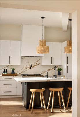 Interior, Kitchen, Marble Walls, Pendant Lights, Wood Texture Flooring