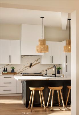 Interior, Kitchen, Marble Walls, Pendant Lights, Wood Texture Flooring