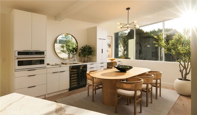 Dining room, Interior, Kitchen, Pendant Lights, Stainless Steel Appliances, Wood Texture Flooring