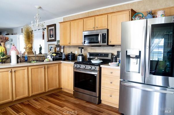 Chandelier, Interior, Kitchen, Stainless Steel Appliances, Wood Texture Flooring