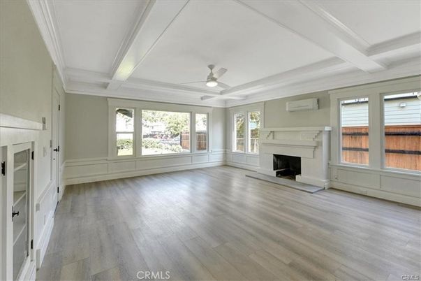 Empty room, Fireplace, Interior, Recessed Lighting, Wood Texture Flooring