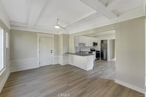 Empty room, Interior, Kitchen, Stainless Steel Appliances, Wood Texture Flooring