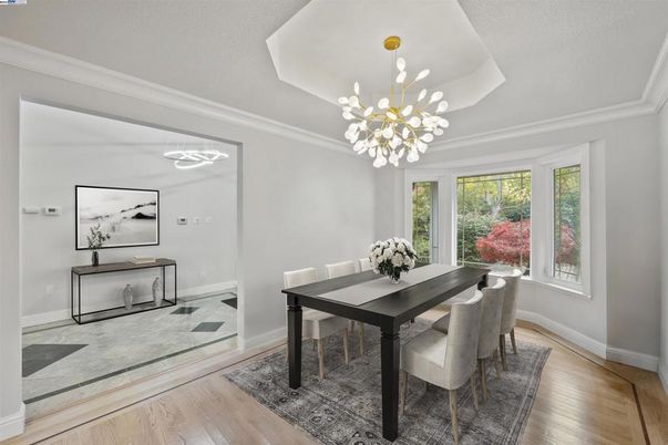 Dining room, Interior, Pendant Lights, Wood Texture Flooring