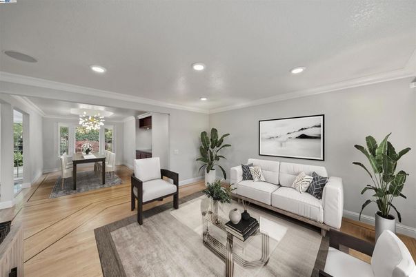 Dining room, Interior, Living room, Recessed Lighting, Wood Texture Flooring