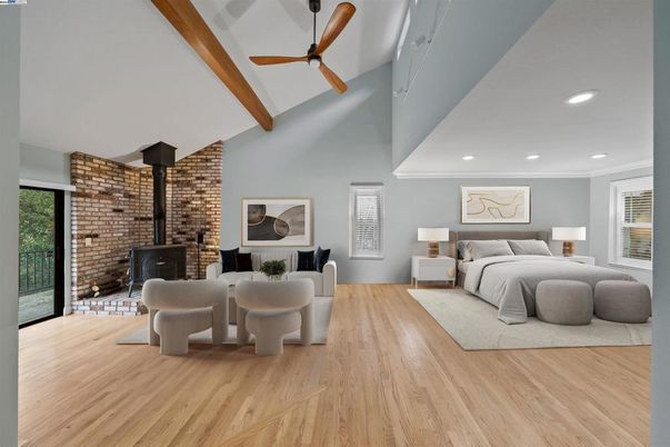Bedroom, Dining room, Fireplace, Interior, Recessed Lighting, Stone Walls, Wooden Beams, Wood Texture Flooring
