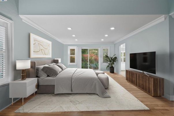 Bedroom, Interior, Recessed Lighting, Wood Texture Flooring