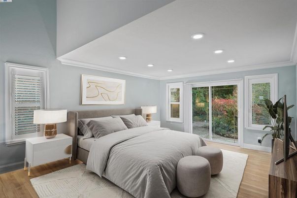Bedroom, Interior, Recessed Lighting, Wood Texture Flooring