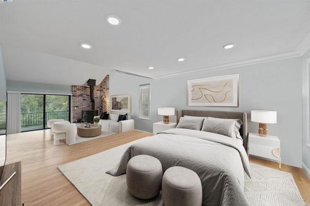 Bedroom, Fireplace, Interior, Recessed Lighting, Stone Walls, Wood Texture Flooring