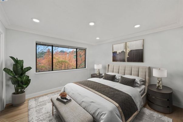 Bedroom, Interior, Recessed Lighting, Wood Texture Flooring
