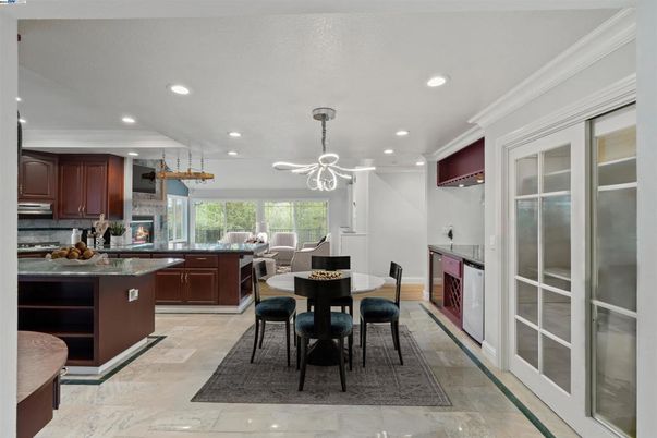 Dining room, Fireplace, Interior, Kitchen, Pendant Lights, Recessed Lighting