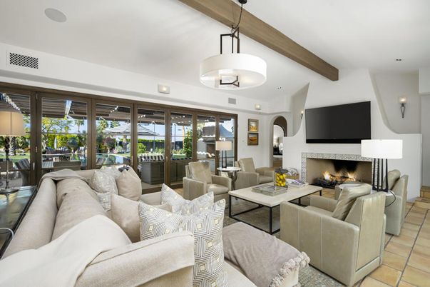 Fireplace, Interior, Living room, Pendant Lights, Recessed Lighting, Wooden Beams