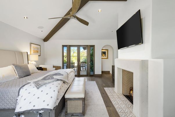 Bedroom, Fireplace, Interior, Recessed Lighting, Wooden Beams, Wood Texture Flooring
