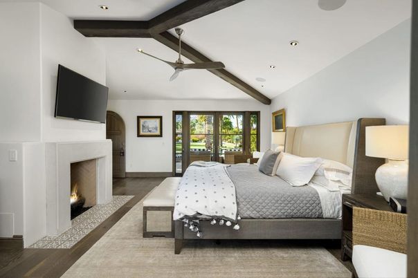 Bedroom, Fireplace, Interior, Recessed Lighting, Wooden Beams, Wood Texture Flooring