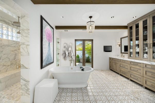 Bathroom, Dual Sink Vanities, Free Standing Baths, Interior, Marble Walls, Pendant Lights, Recessed Lighting